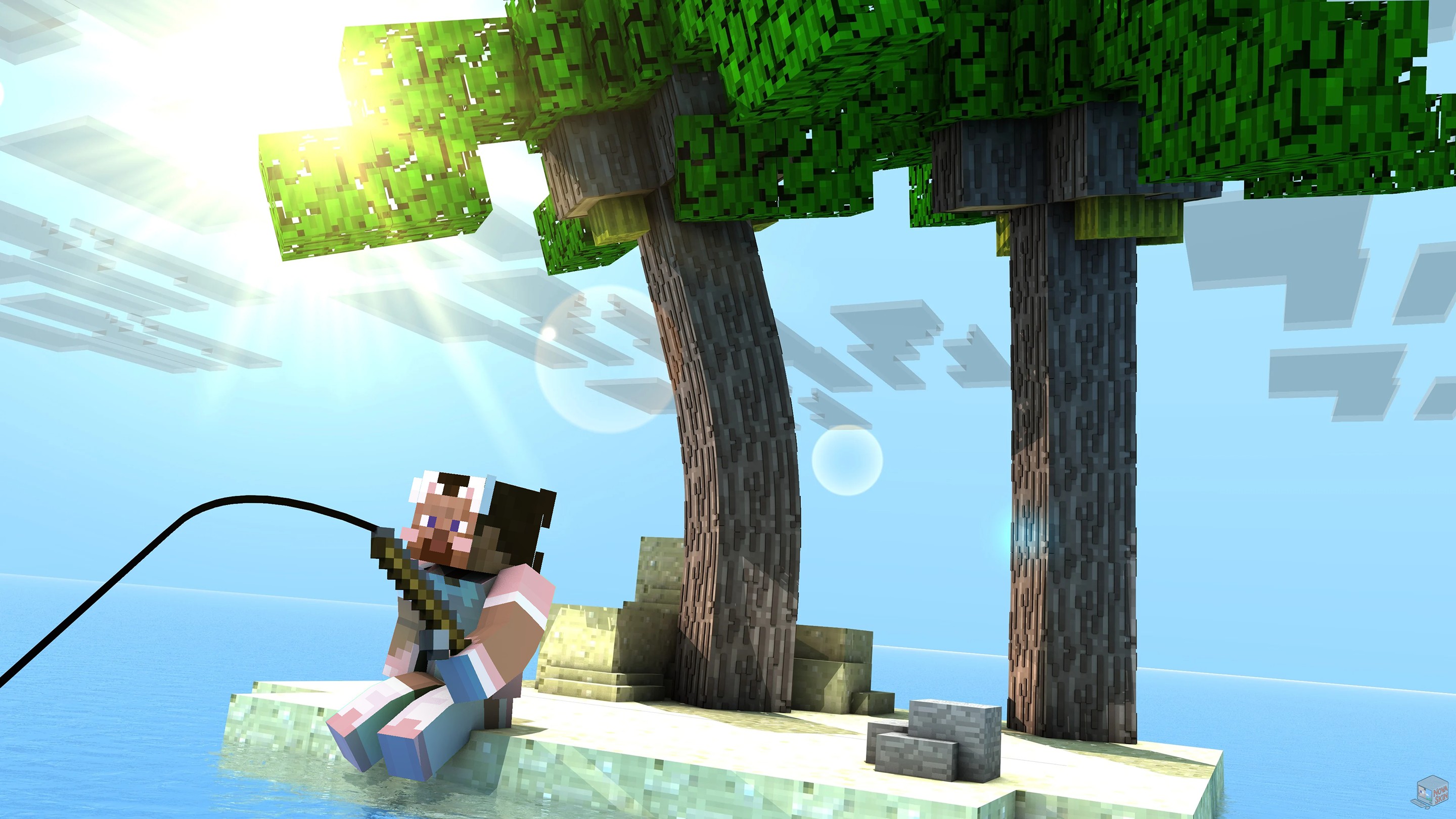 Render Minecraft de Flopy19 assis sur un îlot au soleil.