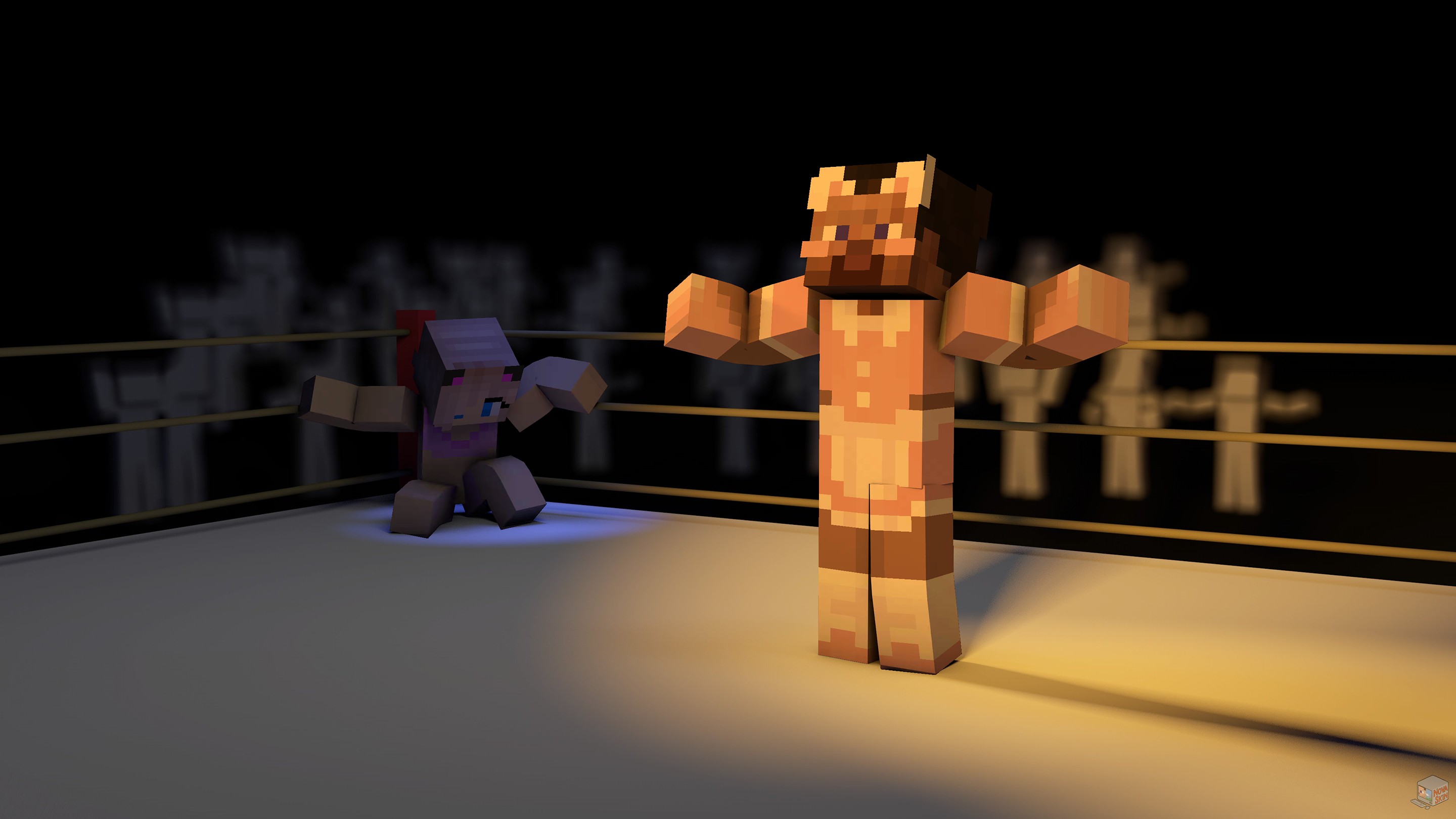 Montage Minecraft illustrant la rivalité entre Flopy19 et Clovis sur un ring.